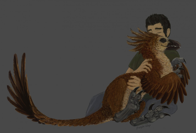 Raptor Cuddles
art by purple-blep
Keywords: dinosaur;theropod;raptor;human;man;male;non-adult;purple-blep