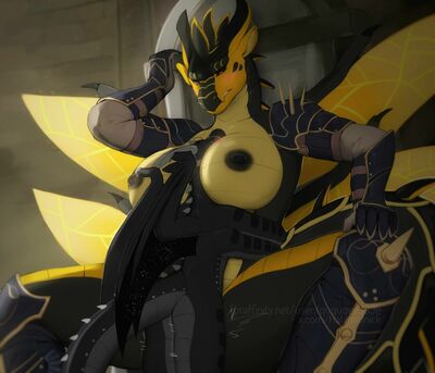 Nightwing and Hivewing (Wings_of_Fire)
art by ququqee399e
Keywords: wings_of_fire;hivewing;nightwing;dragon;dragoness;male;female;anthro;breasts;M/F;missionary;suggestive;ququqee399e