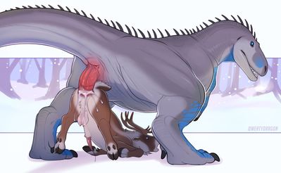A Big Present
art by qwertydragon
Keywords: dinosaur;theropod;carcharodontosaurus;furry;cervine;reindeer;male;feral;M/M;penis;from_behind;anal;spooge;qwertydragon