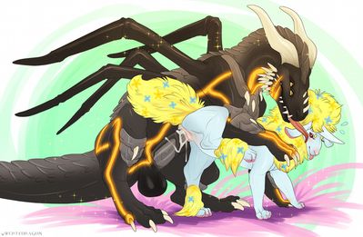 Meadow and Rahkvi
art by qwertydragon
Keywords: dragon;furry;dragoness;hybrid;male;female;feral;M/F;penis;from_behind;vaginal_penetration;spooge;qwertydragon