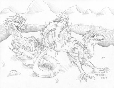 Lesbian Raptors
art by slash0x
Keywords: dinosaur;theropod;raptor;deinonychus;female;feral;lesbian;cloaca;tailplay;masturbation;spooge;slash0x