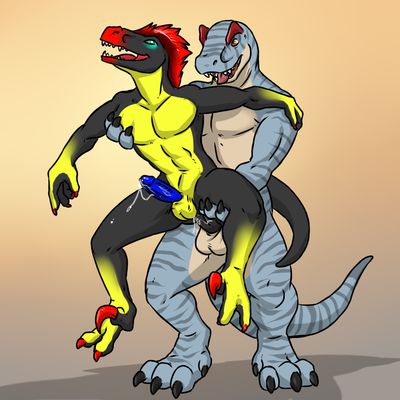 Raptor and Allosaurus
art by aggro_badger
Keywords: dinosaur;theropod;raptor;allosaurus;anthro;male;M/M;penis;from_behind;anal;spooge;aggro_badger