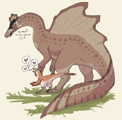 Spino and Raptor 1
art by raptoreggs
Keywords: dinosaur;theropod;raptor;spinosaurus;male;female;feral;M/F;suggestive;macro;raptoreggs