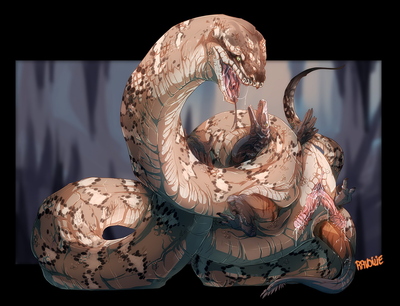 Titanoboa and Raptor
art by ravoilie
Keywords: snake;python;titanoboa;dinosaur;theropod;raptor;male;feral;bondage;penis;hemipenis;spooge;ravoilie