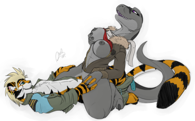 Dino Rider
art by razr
Keywords: dinosaur;theropod;raptor;furry;feline;tiger;male;female;feral;anthro;breasts;M/F;cowgirl;razr