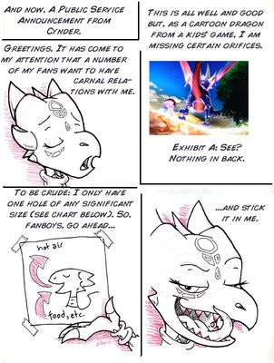 Cynder PSA
art by razzek
Keywords: comic;videogame;spyro_the_dragon;cynder;dragoness;female;anthro;solo;suggestive;humor;oral;razzek