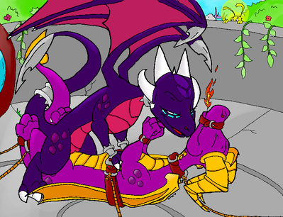 Spyro Bound and Ridden (color)
art by razzek
Keywords: videogame;spyro_the_dragon;spyro;cynder;dragon;dragoness;male;female;anthro;M/F;cowgirl;bondage;razzek