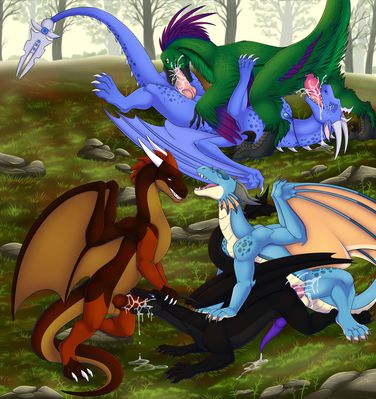 Forest Orgy
art by re-re and FurryPur
Keywords: dragon;dinosaur;theropod;raptor;male;feral;M/M;orgy;threeway;spitroast;penis;69;from_behind;oral;anal;spooge;re-re;FurryPur