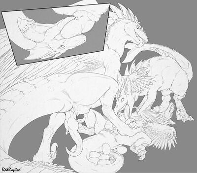 Pinned Down
art by redraptor16
Keywords: dinosaur;theropod;raptor;male;female;feral;M/F;threeway;penis;cloaca;internal;oral;egg;redraptor16