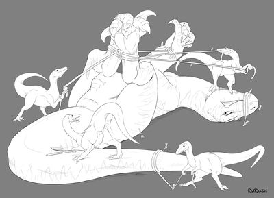 Caught By Compies
art by redraptor16
Keywords: dinosaur;theropod;raptor;compsognathus;feral;bondage;cloaca;suggestive;redraptor16