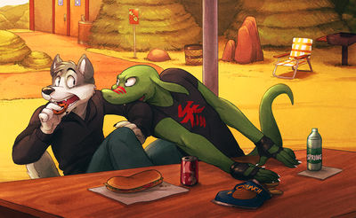 Last Cookie
art by redvelvetbat
Keywords: lizard;furry;canine;wolf;anthro;male;non-adult;humor;redvelvetbat