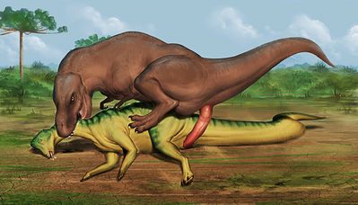 Hypacrosaurus and Tyrannosaur
art by rollwulf
Keywords: dinosaur;theropod;tyrannosaurus_rex;trex;hadrosaur;hypacrosaurus;male;female;feral;M/F;penis;necro;suggestive;rollwulf