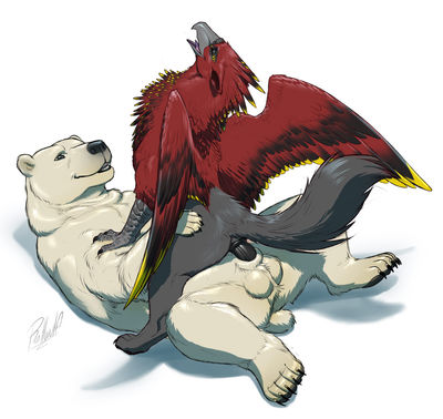 Polar Bear and Gryphon
art by rollwulf
Keywords: gryphon;furry;polar_bear;male;female;feral;M/F;penis;cowgirl;vaginal_penetration;rollwulf