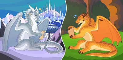 Hailstorm and Sunny (Wings_of_Fire)
art by romavoid
Keywords: wings_of_fire;icewing;nightwing;sandwing;hybrid;sunny;hailstorm;dragon;dragoness;male;female;feral;M/F;romance;non-adult;;romavoid