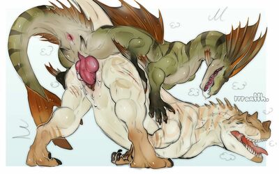 Dragon and Allosaurus
art by rrraaffh.
Keywords: dinosaur;theropod;allosaurus;dragon;male;female;feral;M/F;penis;from_behind;vaginal_penetration;spooge;rrraaffh.