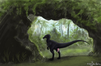 Eager Raptor
art by sinvelia or saebira 
Keywords: dinosaur;theropod;raptor;feral;male;solo;penis;spooge;sinvelia;saebira