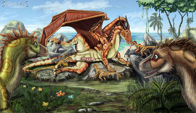 Drakkor and Raptors
art by salireths
Keywords: dragon;drakkor;dinosaur;theropod;raptor;compsognathus;deinonychus;male;feral;M/M;penis;suggestive;salireths