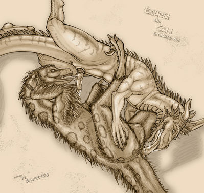 Echrei and Sali
art by salireths
Keywords: dinosaur;theropod;raptor;utahraptor;dragon;male;feral;anthro;M/M;penis;69;oral;spooge;salireths