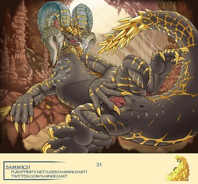 Kulve_Taroth
art by samwich
Keywords: videogame;monster_hunter;kulve_taroth;dragoness;female;feral;solo;vagina;spread;samwich