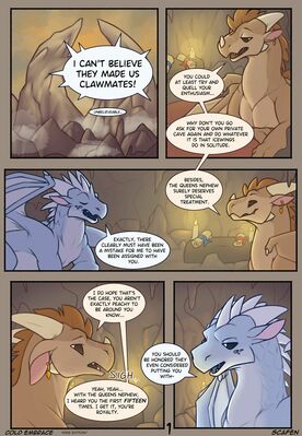 Cold Embrace, page 1 (Wings_of_Fire)
art by scafen
Keywords: comic;wings_of_fire;sandwing;icewing;winter;qibli;dragon;male;feral;non-adult;scafen