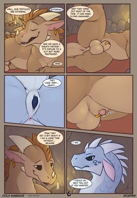 Cold Embrace, page 6 (Wings_of_Fire)
art by scafen
Keywords: comic;wings_of_fire;sandwing;icewing;winter;qibli;dragon;male;feral;M/M;penis;closeup;suggestive;scafen