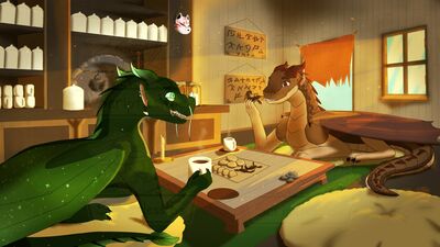 Coffee Shop (Wings_of_Fire)
art by scriptlessfoe
Keywords: wings_of_fire;leafwing;mudwing;dragon;feral;solo;non-adult;scriptlessfoe