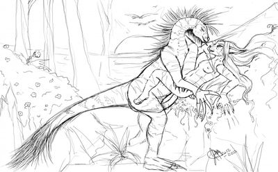 Dino Mate
art by seasaidh
Keywords: dinosaur;theropod;raptor;furry;feline;male;female;anthro;breasts;M/F;missionary;penis;vaginal_penetration;seasaidh