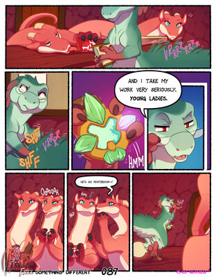 Something Different, page 87
art by sefeiren
Keywords: comic;dinosaur;theropod;raptor;dragoness;lily;lilith;male;female;feral;M/F;humor;frisky-ferals;sefeiren