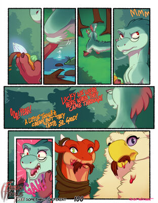 Something Different, page 100
art by sefeiren
Keywords: comic;dragon;gryphon;dinosaur;theropod;raptor;thistle;kindle;male;female;feral;vore;humor;frisky-ferals;sefeiren