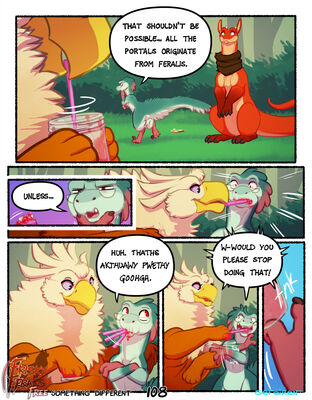 Something Different, page 108
art by sefeiren
Keywords: comic;dragon;gryphon;dinosaur;theropod;raptor;kindle;thistle;male;female;feral;humor;non-adult;frisky-ferals;sefeiren