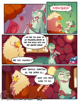 Something Different, page 13
art by sefeiren
Keywords: comic;gryphon;dinosaur;theropod;raptor;thistle;male;female;feral;M/F;suggestive;humor;frisky_ferals;sefeiren