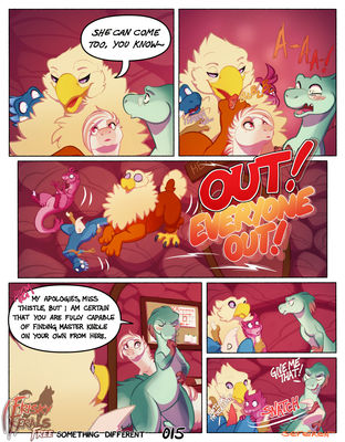 Something Different, page 15
art by sefeiren
Keywords: comic;gryphon;thistle;dinosaur;theropod;raptor;male;female;feral;M/F;suggestive;humor;sefeiren