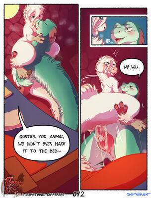 Something Different, page 72
art by sefeiren
Keywords: comic;dinosaur;theropod;raptor;male;female;feral;M/F;penis;apron;vaginal_penetration;spooge;sefeiren