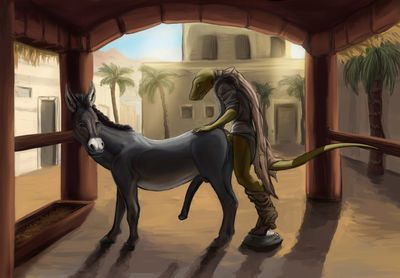Donkey Show
art by sephrendemon
Keywords: lizard;anthro;furry;equine;donkey;feral;male;M/M;penis;from_behind;anal;sephrendemon