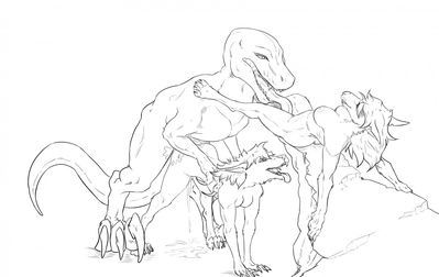 Raptor Hunt
art by sergaldr
Keywords: dinosaur;theropod;raptor;furry;canine;wolf;male;female;anthro;breasts;M/F;threeway;from_behind;oral;spooge;sergaldr