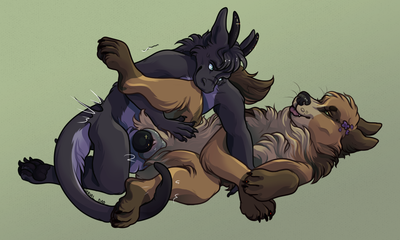 DirtyPaws and Sovy Mating
art by serialdad
Keywords: dragon;furry;canine;wolf;hybrid;male;female;anthro;M/F;penis;spoons;vaginal_penetration;serialdad