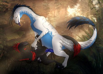 Therizinosaurus and Utahraptor Mating
art by shadarrius
Keywords: dinosaur;theropod;raptor;utahraptor;therizinosaurus;male;female;feral;anthro;M/F;penis;missionary;vaginal_penetration;spooge;shadarrius