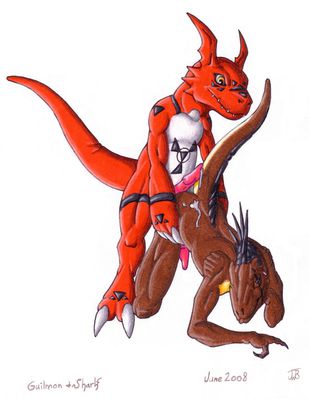 Guilmon x Raptor 1
art by shark_the_raptor
Keywords: anime;digimon;dragon;guilmon;dinosaur;theropod;raptor;male;anthro;M/M;penis;from_behind;suggestive;spooge;shark_the_raptor