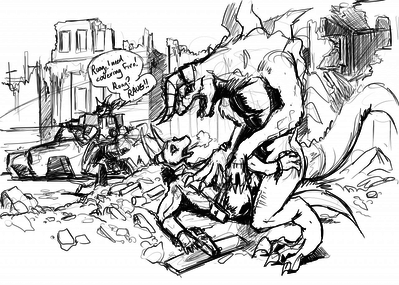 Deathclaw Distraction
art by shatter-silver
Keywords: videogame;fallout;reptile;lizard;deathclaw;dragon;male;anthro;M/M;missionary;anal;humor;shatter-silver
