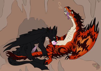 Hookfang and Toothless
art by shawnfennox
Keywords: how_to_train_your_dragon;httyd;night_fury;hookfang;monstrous_nightmare;toothless;dragon;wyvern;male;feral;anthro;M/M;penis;oral;ejaculation;orgasm;spooge;shawnfennox