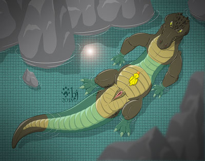Bath Invader
art by sherwood
Keywords: crocodilian;alligator;female;anthro;feral;solo;vagina;humor;sherwood