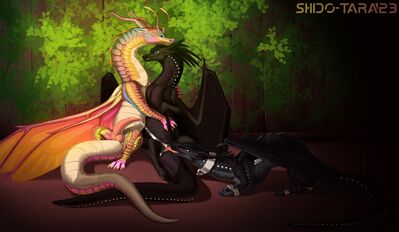 Sunstreak and Clearsight (Wings_of_Fire)
art by shido-tara
Keywords: wings_of_fire;nightwing;icewing;beetlewing;hybrid;darkstalker;clearsight;sunstreak;dragon;dragoness;male;female;feral;M/F;bondage;penis;oral;spooge;suggestive;shido-tara