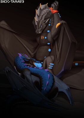 Depth and Selene (Wings_of_Fire)
art by shido-tara
Keywords: wings_of_fire;nightwing;seawing;hybrid;dragon;dragoness;male;female;feral;M/F;bondage;penis;oral;shido-tara