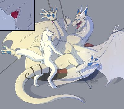 Crytrauv Fox and Malik
art by shinigamisquirrel
Keywords: dragoness;female;feral;furry;canine;fox;arctic_fox;male;anthro;M/F;bondage;penis;missionary;vaginal_penetration;closeup;spooge;shinigamisquirrel