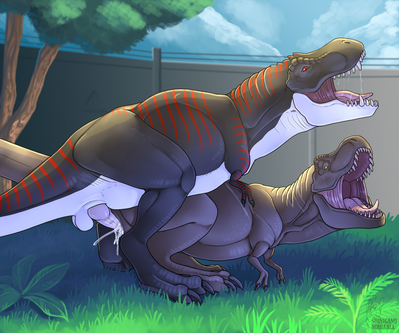 Tyrannosaurs Mating
art by shinigamisquirrel
Keywords: jurassic_world;dinosaur;theropod;tyrannosaurus_rex;trex;male;female;feral;anthro;M/F;penis;from_behind;vaginal_penetration;spooge;shinigamisquirrel