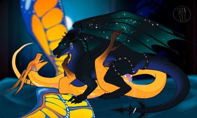 Silkwing and Nightwing (Wings_of_Fire)
art by shtoltznight
Keywords: wings_of_fire;nightwing;silkwing;dragoness;female;feral;lesbian;dildo;strapon;vagina;missionary;vaginal_penetration;spooge;shtoltznight