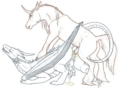 Dragon Mounted By A Unicorn
art by sidian
Keywords: dragon;furry;equine;unicorn;male;feral;M/M;penis;anal;from_behind;masturbation;spooge;sidian