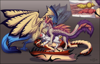Three Monsters, One Gryphon
art by silvergrin-w
Keywords: videogame;monster_hunter;legiana;mizutsune;rathalos;dragon;wyvern;gryphon;male;female;feral;M/F;orgy;threeway;spitroast;double_penetration;penis;from_behind;cowgirl;vaginal_penetration;anal;oral;internal;silvergrin-w