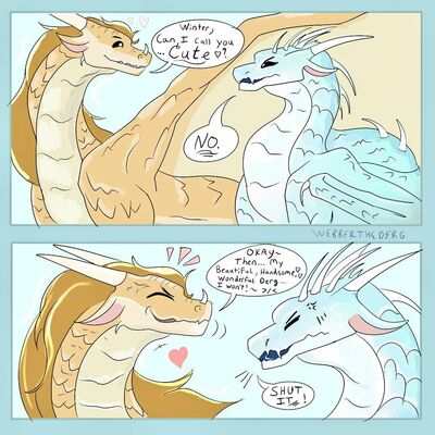 Can I Call You Cute? (Wings_of_Fire)
art by silvermaw
Keywords: wings_of_fire;qibli;winter;sandwing;icewing;dragon;male;feral;solo;non-adult;humor;silvermaw