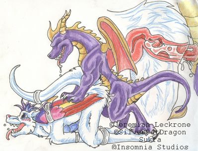 Spyro Sex
art by silverpetdragon
Keywords: videogame;spyro_the_dragon;spyro;dragon;male;anthro;M/M;bondage;penis;from_behind;anal;internal;spooge;silverpetdragon
